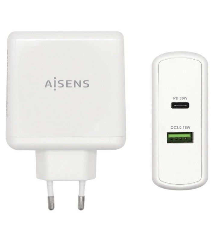 Cargador de pared aisens asch-2pd30qc-w/ 1xusb tipo-c/ 1x usb/ 48w