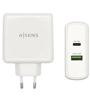 Cargador de pared aisens asch-2pd30qc-w/ 1xusb tipo-c/ 1x usb/ 48w