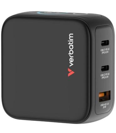 Cargador de pared universal gan para viaje verbatim mini gan charger con pantalla/ 2xusb tipo-c/ 1xusb/ 65w