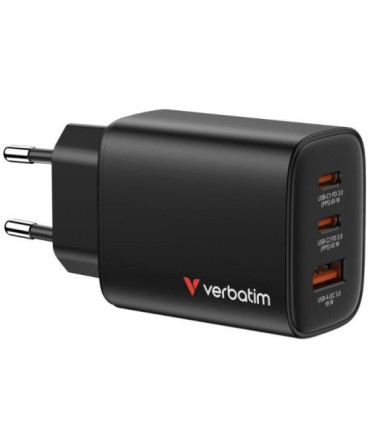 Cargador de pared gan verbatim essentials/ 2xusb tipo-c/ 1xusb/ 65w