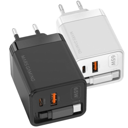 Cargador de pared gan mars gaming md-gan65r/ 1xusb tipo-c/ 1xusb/ 65w/ negro