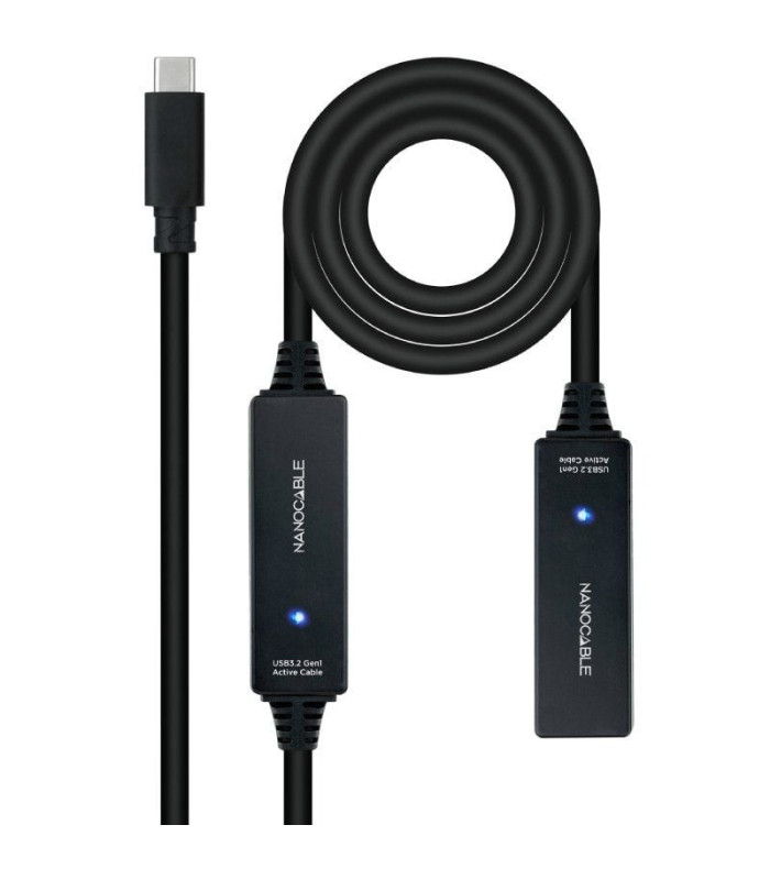 Cable alargador usb tipo-c 3.2 con amplificador nanocable 10.01.1312/ usb tipo-c macho - usb tipo-c hembra/ 10m/ negro