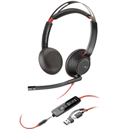 Auriculares poly blackwire 5220 + adaptador usb-c/a/ con micrófono/ jack 3.5mm/ negro