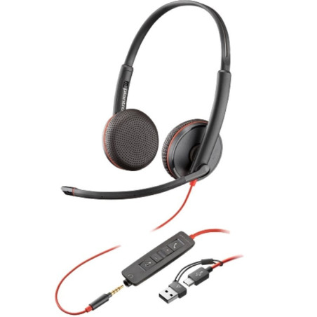 Auriculares poly blackwire 3225 + adaptador usb-c/a/ con micrófono/ jack 3.5mm/ negro