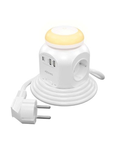 Regleta con interruptor y luz nocturna aisens asps-2a1clpq02-w/ 4 tomas de corriente/ 1 usb tipo-c pd/ 2 usb/ cable 1.8m/ blanco