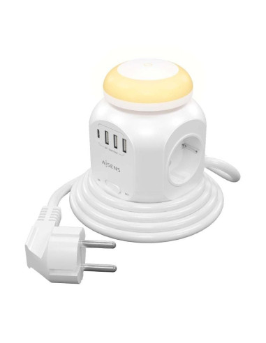 Regleta con interruptor y luz nocturna aisens asps-3a1cl01-w/ 4 tomas de corriente/ 1 usb tipo-c/ 3 usb/ cable 1.8m/ blanco