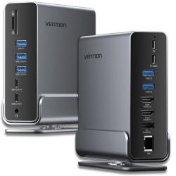 Docking USB Tipo-C Vention TPUH0/ 2xHDMI 4K/ 1xDisplayPort/ 3xUSB Tipo-C/ 5xUSB/ 1xRJ45/ 1xLector de Tarjetas/ 1xJack 3.5/ 1xUSB