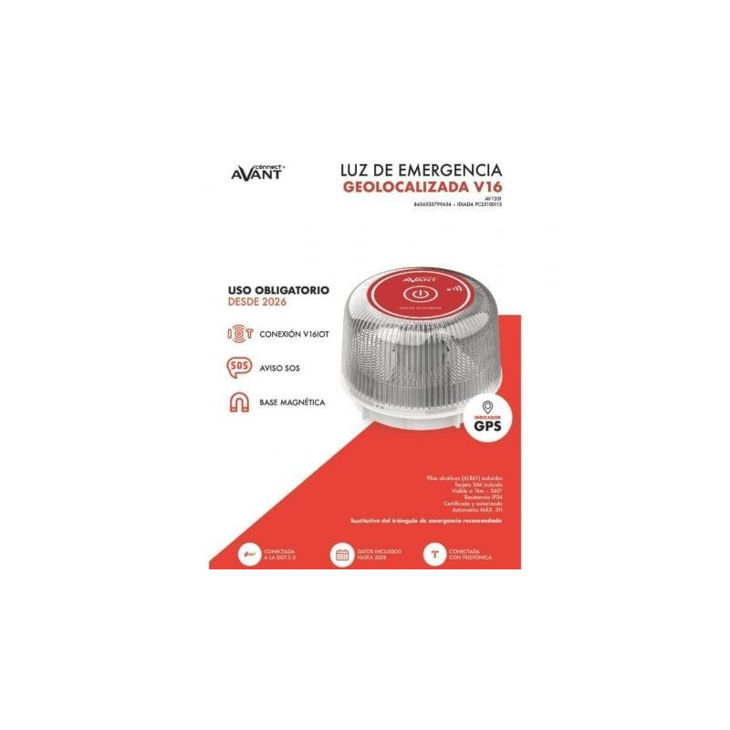 Luz baliza de emergencia para coche avant v16 connected av1201/ homologada/ base imantada/ geolocalizable/ funciona a pilas
