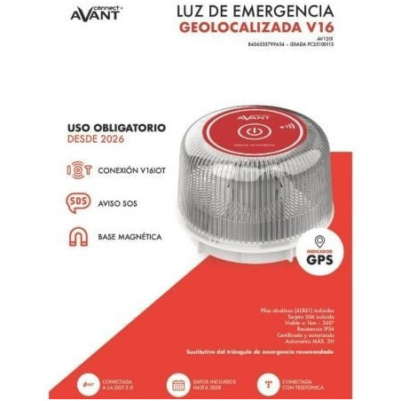 Luz baliza de emergencia para coche avant v16 connected av1201/ homologada/ base imantada/ geolocalizable/ funciona a pilas