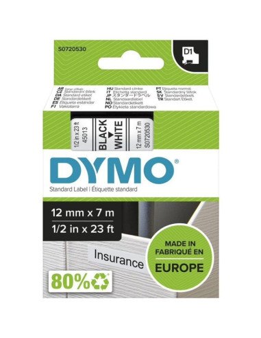 Cinta rotuladora adhesiva de plástico dymo d1 45013/ para label manager/ 12mm x 7m/ negra-blanca