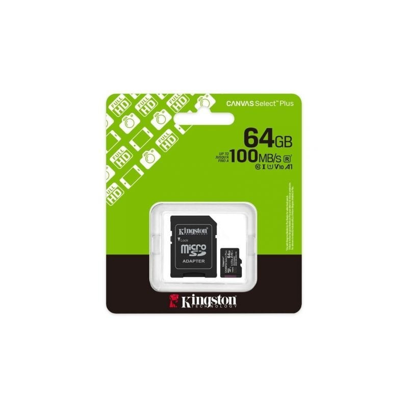 Tarjeta de memoria kingston canvas select plus 64gb microsd xc con adaptador/ clase 10/ 100mbs