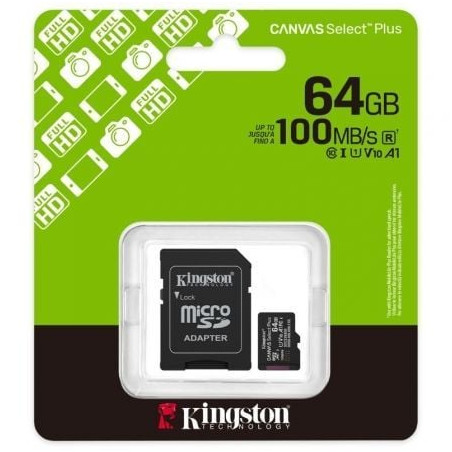 Tarjeta de memoria kingston canvas select plus 64gb microsd xc con adaptador/ clase 10/ 100mbs