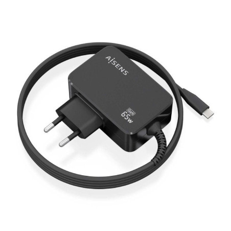 Cargador de portátil gan aisens asch-1pd65wl033-bk/ 1xusb tipo-c + cable 1.8m/ 65w/ automático/ voltaje 5-20v