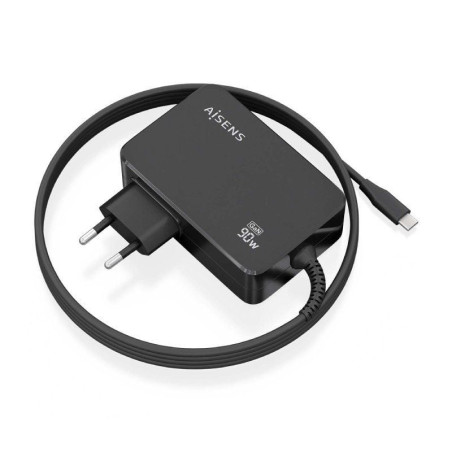 Cargador de portátil gan aisens asch-1pd90wl034-bk/ 1xusb tipo-c + cable 1.8m/ 90w/ automático/ voltaje 5-20v