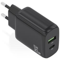 Cargador de Pared GaN Aisens A110-0924/ 1xUSB Tipo-C/ 1xUSB/ 30W/ Negro