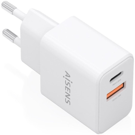 Cargador de pared gan aisens a110-1025/ 1xusb tipo-c/ 1xusb/ 20w/ blanco