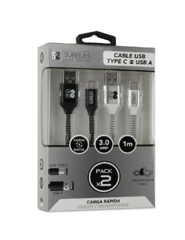 Cable usb 2.0 subblim sub-cab-2tc001 pack 2/ usb tipo-c macho - usb macho/ 1m/ negro y plata