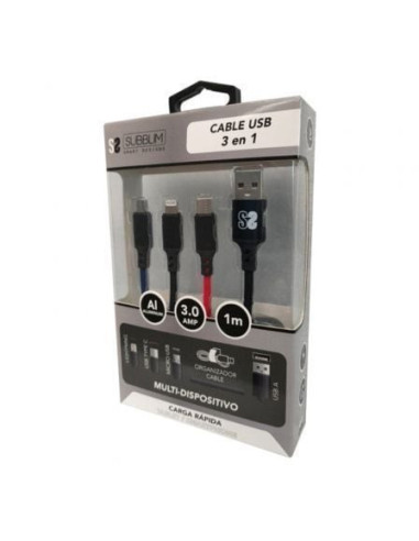 Cable usb 2.0 subblim sub-cab-3in101/ micro usb + usb tipo-c + lightning - usb macho/ 1m