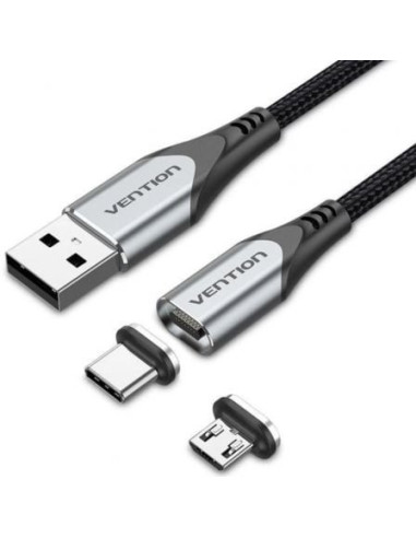 Cable de carga magnético usb tipo-c con adaptador microusb vention cqmhf/ usb macho/ usb tipo-c macho - microusb macho/ 1m/ gris