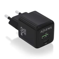 Cargador de Pared GaN Aisens ASCH-20W2P011-BK/ 1xUSB Tipo-C/ 1xUSB/ 20W