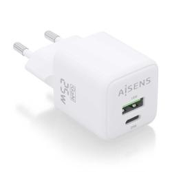 Cargador de Pared GaN Aisens ASCH-25W2P014-W/ 1xUSB Tipo-C/ 1xUSB/ 25W