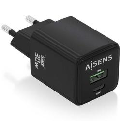 Cargador de Pared GaN Aisens ASCH-30W2P038-BK/ 1xUSB Tipo-C/ 1xUSB/ 30W