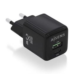 Cargador de Pared GaN Aisens ASCH-25W2P015-BK/ 1xUSB Tipo-C/ 1xUSB/ 25W