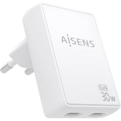 Cargador de Pared GaN Aisens ASCH-30W2P075-W/ 2xUSB Tipo-C/ 30W/ Blanco