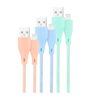 Cables usb 2.0 lightning nanocable 10.10.0401-co1/ usb macho - lightning macho/ 1m/ 3 unidades/ rosa, azul y verde
