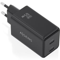 Cargador de Pared GaN Aisens ASCH-65W2P079-BK/ 2xUSB Tipo-C/ 65W/ Negro