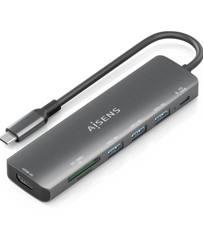 Docking usb tipo-c aisens asuc-7p025-gr/ 1xhdmi 4k/ 3xusb/ 1xusb tipo-c pd/ 1xlector tarjetas/ gris