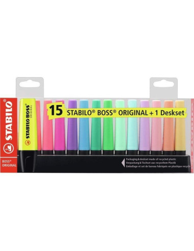 Peana de marcadores fluorescentes stabilo boss original/ 15 unidades/ colores surtidos/ incluye soporte