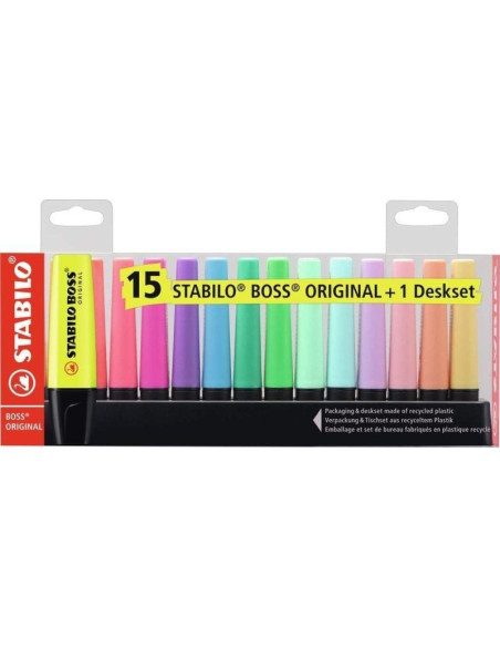 Peana de marcadores fluorescentes stabilo boss original/ 15 unidades/ colores surtidos/ incluye soporte