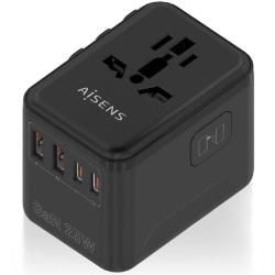 Cargador de Pared Universal GaN para Viaje Aisens ASPS-2A2C08-BK/ Toma de Corriente Universal/ 2xUSB Tipo-C/ 2xUSB/ 25W