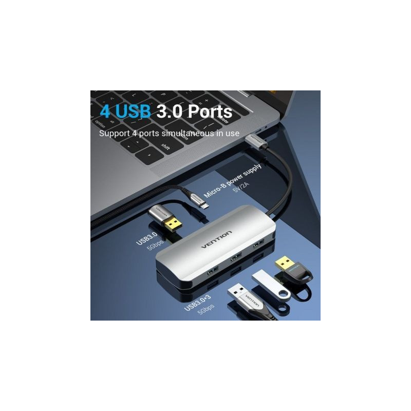 Hub usb tipo-c vention tnahb/ 4xusb/ 1xmicrousb pd