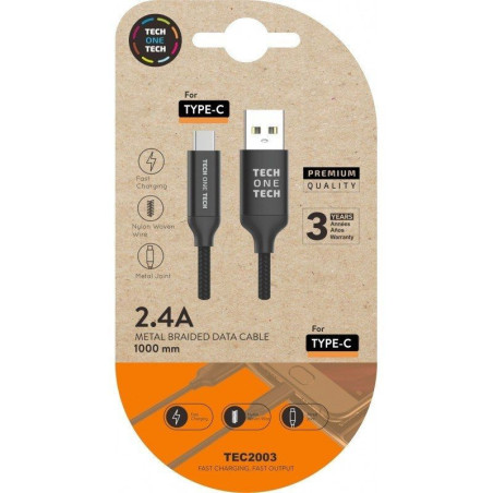Cable usb 2.0 tipo-c tech one tech tec2003/ usb tipo-c macho - usb macho/ 480mbps/ 1m/ negro
