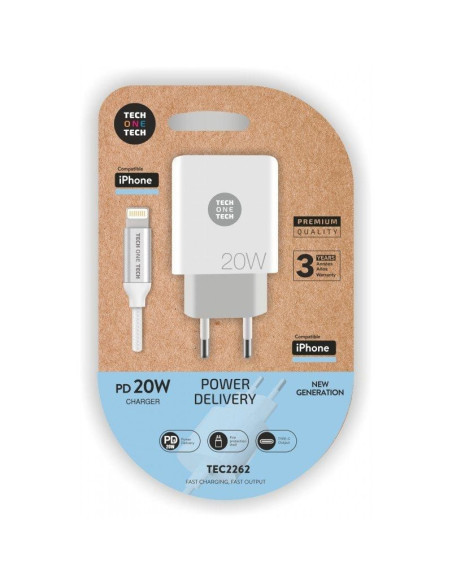 Cargador de pared tech one tech tec2262/ 1xusb tipo-c + cable lightning/ 3a/ blanco