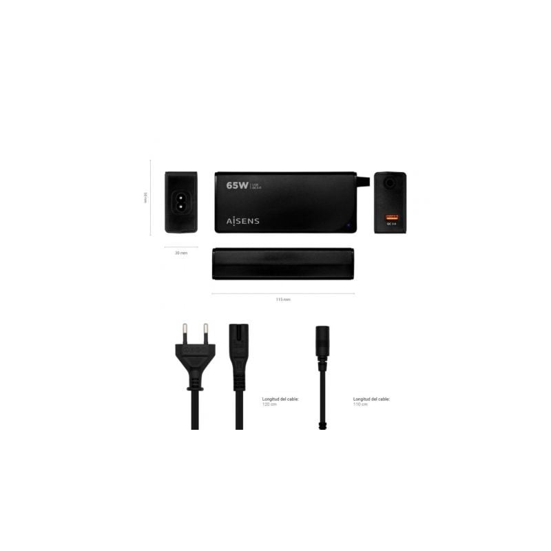 Cargador de portátil aisens aslc-65wauto-bk/ 65w/ 1xusb qc3.0/ automático/ 9 conectores/ voltaje 18.5-20v