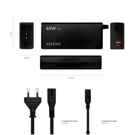 Cargador de portátil aisens aslc-65wauto-bk/ 65w/ 1xusb qc3.0/ automático/ 9 conectores/ voltaje 18.5-20v