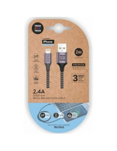 Cable usb 2.0 tech one tech tec2022/ usb macho - lightning macho/ 2m/ gris