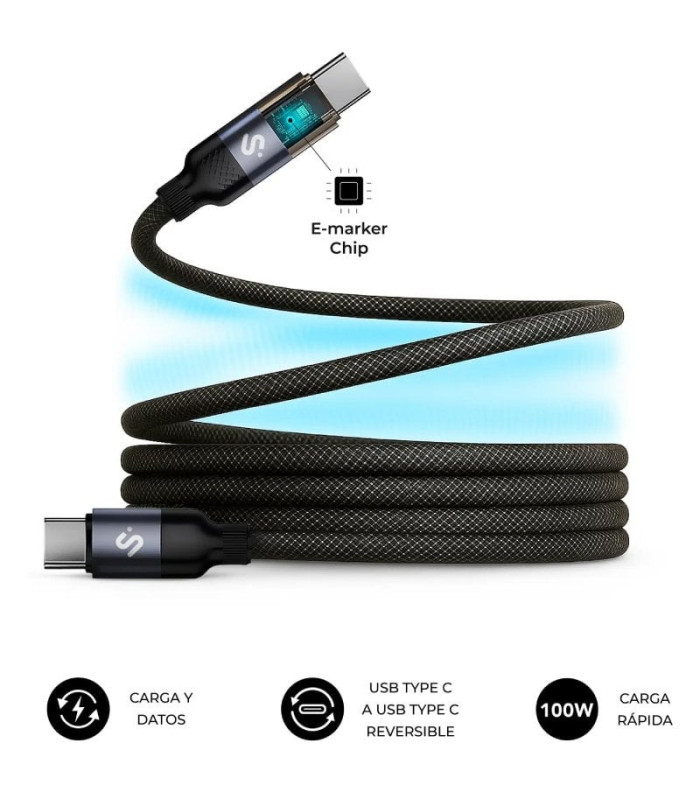 Cable usb 2.0 tipo-c subblim powermag led/ usb tipo-c macho - usb tipo-c macho/ hasta 100w/ 480mbps/ 2m/ negro