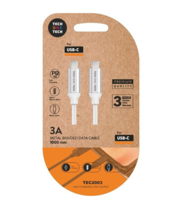 Cable usb 2.0 tipo-c tech one tech tec2204/ usb tipo-c macho - usb tipo-c macho/ hasta 20w/ 480mbps/ 1m/ blanco
