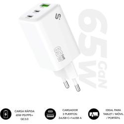 Cargador de Pared GaN Subblim 65W Charger USB C+C+A/ 2xUSB Tipo-C/ 1xUSB/ 65W