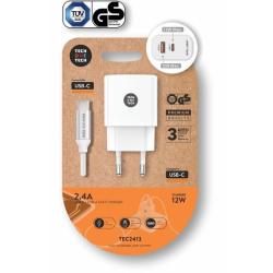 Cargador de Pared Tech One Tech TEC2413/ 1xUSB Tipo-C/ 1xUSB + Cable USB Tipo-C/ 12W/ Blanco