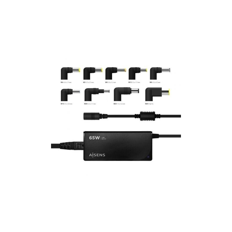 Cargador de portátil aisens aslc-65wauto-bk/ 65w/ 1xusb qc3.0/ automático/ 9 conectores/ voltaje 18.5-20v