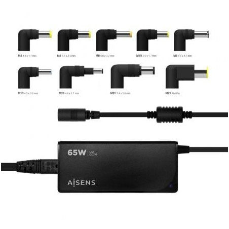 Cargador de portátil aisens aslc-65wauto-bk/ 65w/ 1xusb qc3.0/ automático/ 9 conectores/ voltaje 18.5-20v