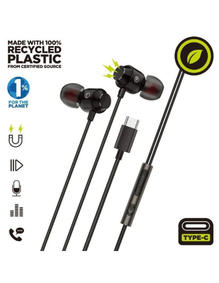 Auriculares intrauditivos muvit for change mchph0006/ con micrófono/ usb tipo-c/ negros