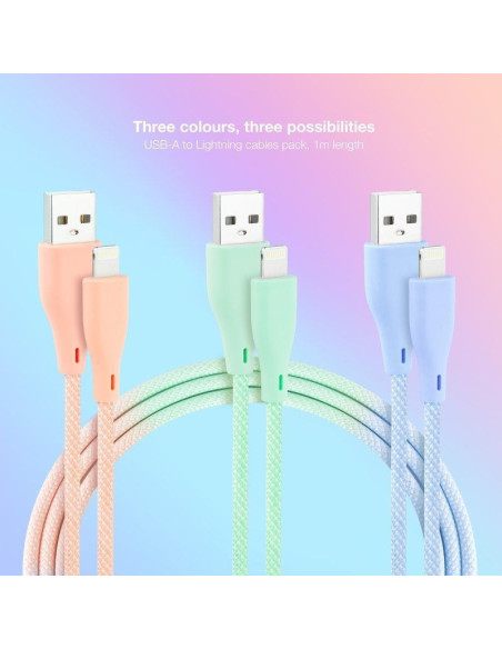 Cables usb 2.0 lightning nanocable 10.10.0401-co1/ usb macho - lightning macho/ 1m/ 3 unidades/ rosa, azul y verde