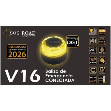 Luz baliza de emergencia para coche sos road connected el2024 v16/ homologada/ base imantada/ geolocalizable/ funciona a pilas