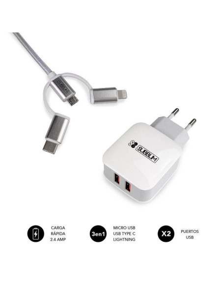 Cargador de pared subblim sub-chg-1zwc01/ 2xusb + cable 3 en 1/ 12w/ blanco